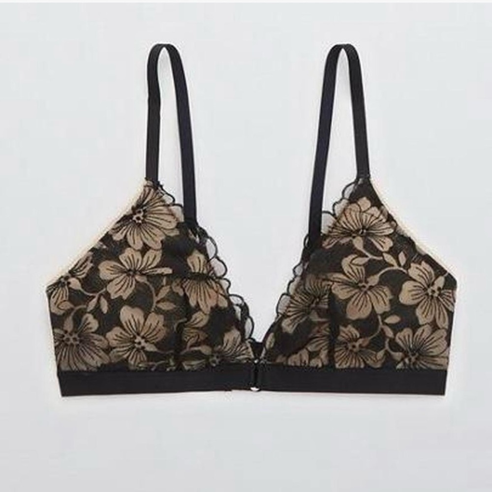 Aerie Floral Lace Black and Tan Bralette